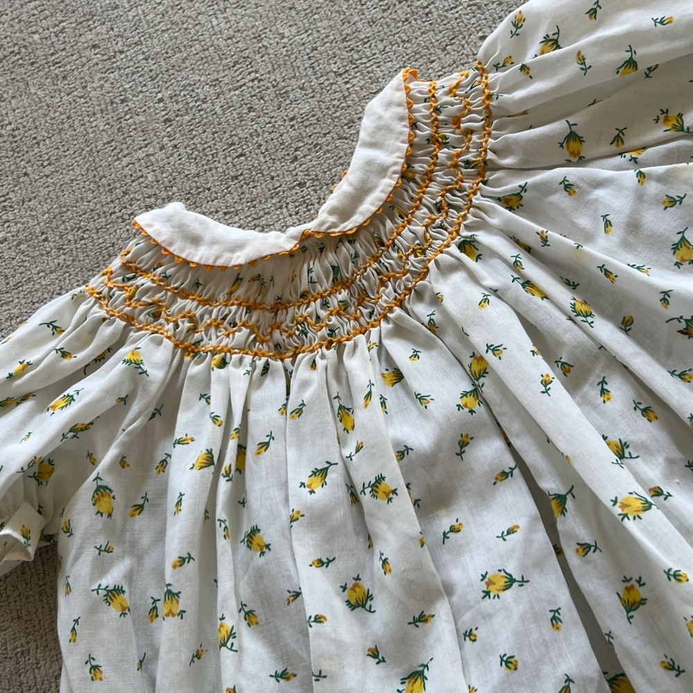 Vintage La Pat Baby Girl Smocked Dress Yellow Floral Puff Sleeve White Cotton